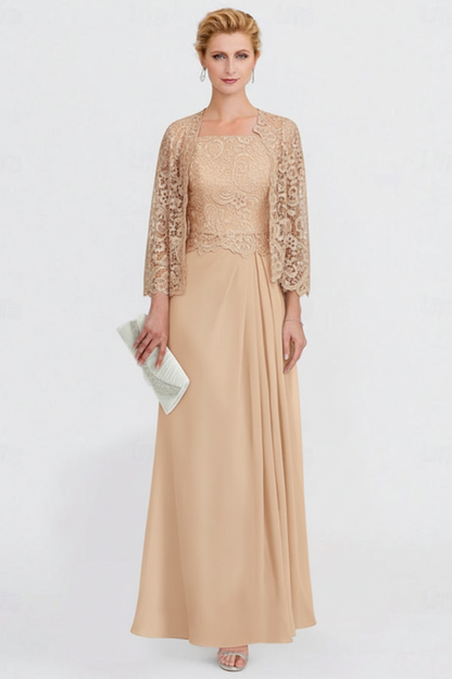 Two Pieces Chiffon Mother of the Bride Dresses Silver Lace Appliques Wedding Wear Outfits