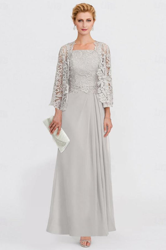 Two Pieces Chiffon Mother of the Bride Dresses Silver Lace Appliques Wedding Wear Outfits