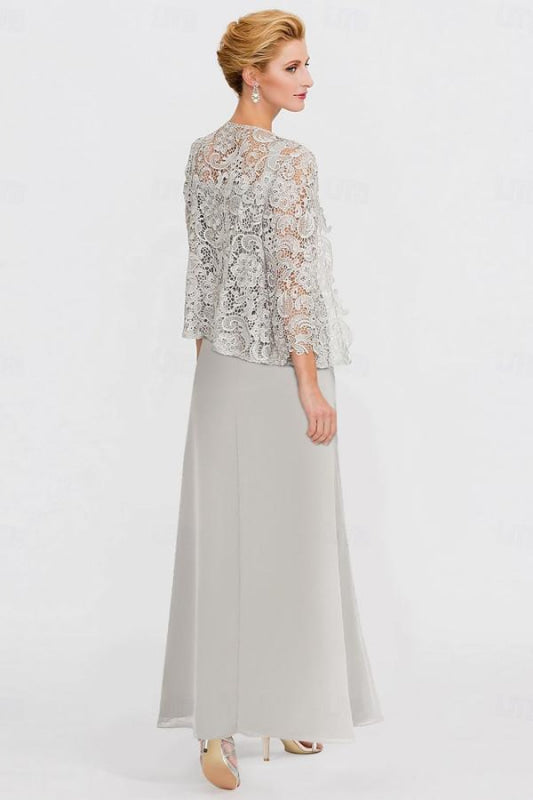 Two Pieces Chiffon Mother of the Bride Dresses Silver Lace Appliques Wedding Wear Outfits