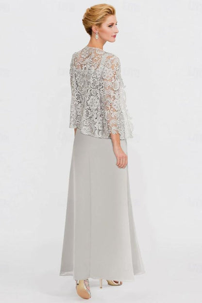 Two Pieces Chiffon Mother of the Bride Dresses Silver Lace Appliques Wedding Wear Outfits
