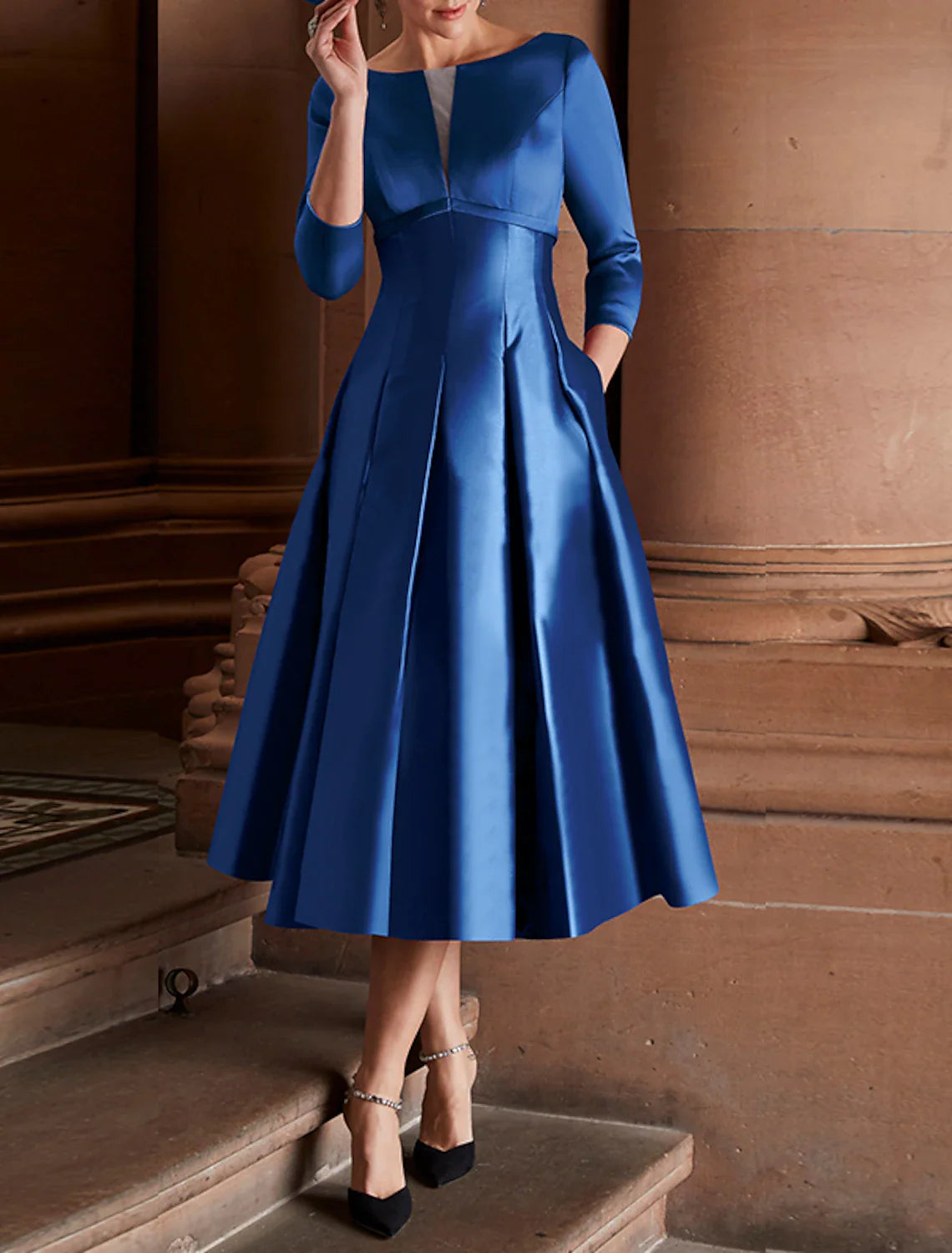 A-Line Cocktail Dresses Minimalist Dress Christmas Red Green Dress Wedding Guest Tea Length 3/4 Length Sleeve Jewel Neck Fall Wedding Guest Satin with Pleats 2025