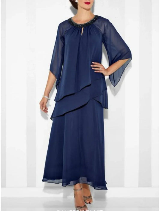 Sheath / Column Mother of the Bride Dress Wedding Guest Elegant Party Jewel Neck Ankle Length Chiffon 3/4 Length Sleeve with Crystals Ruching