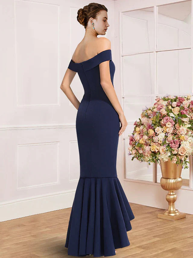 Sheath / Column Mother of the Bride Dress Wedding Guest Party Elegant Off Shoulder Asymmetrical Stretch Fabric Cap Sleeve with Pleats Solid Color