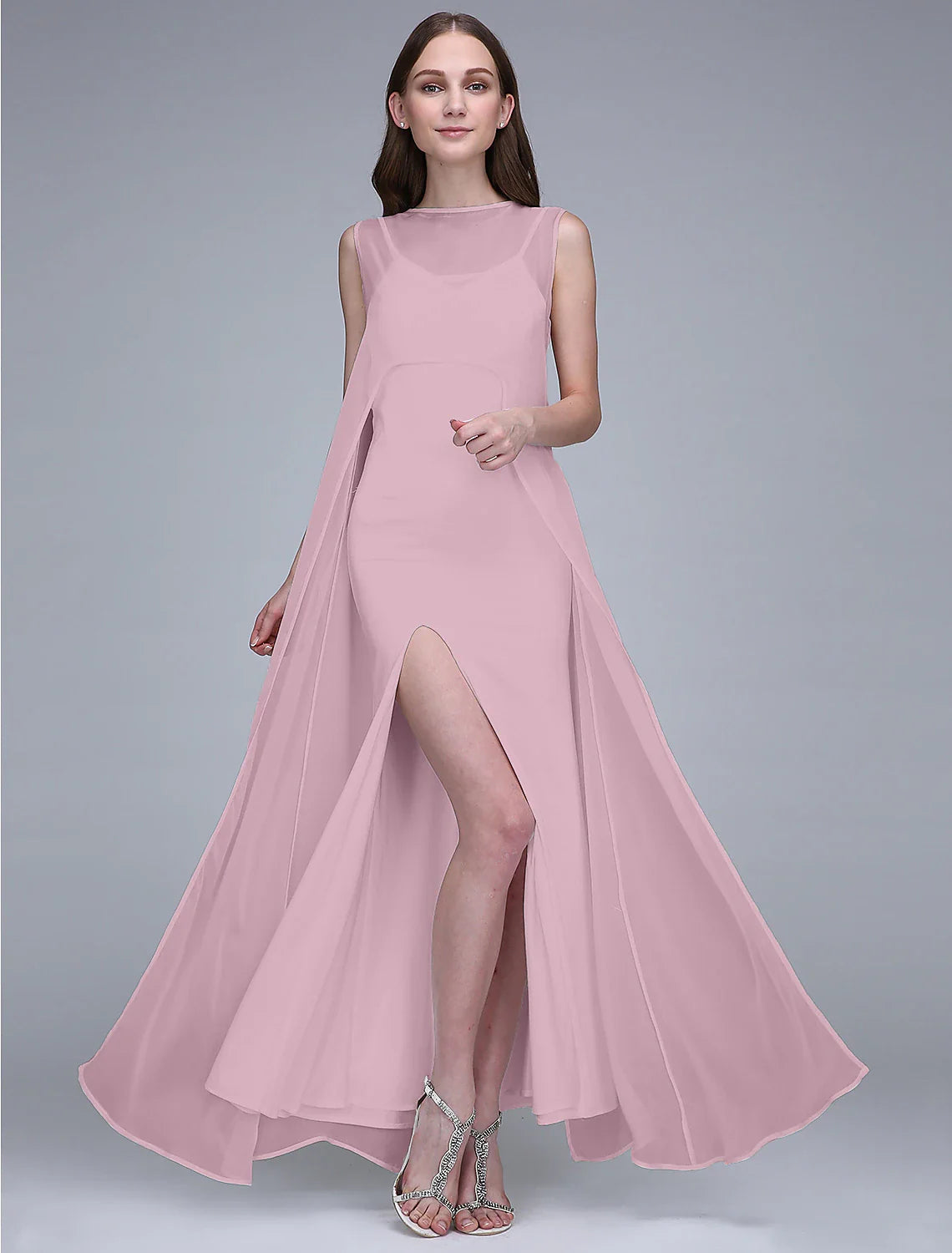 Sheath / Column Bridesmaid Dress Bateau Neck Sleeveless Open Back Ankle Length Chiffon / Jersey with Split Front