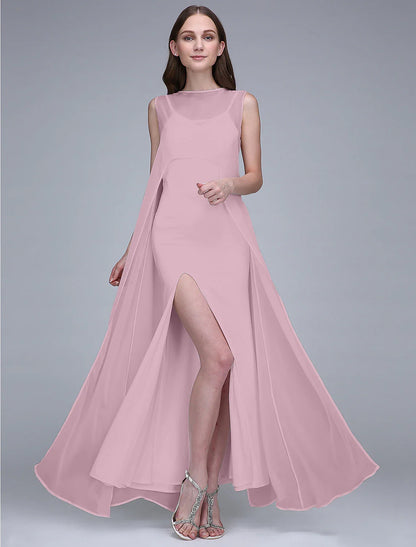 Sheath / Column Bridesmaid Dress Bateau Neck Sleeveless Open Back Ankle Length Chiffon / Jersey with Split Front