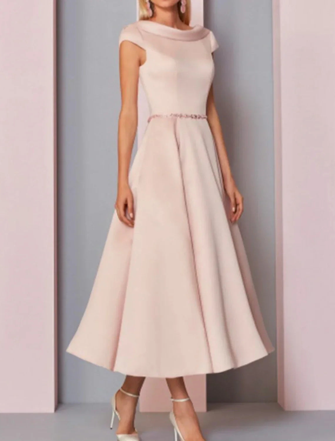 A-Line Mother of the Bride Dress Wedding Guest Plus Size Cowl Neck Ankle Length Satin Short Sleeve with Crystals