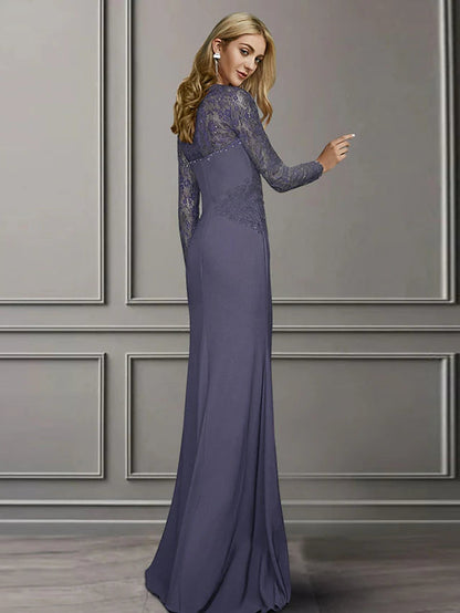 Sheath / Column Mother of the Bride Dress Elegant Square Neck Sweep / Brush Train Chiffon Lace Long Sleeve