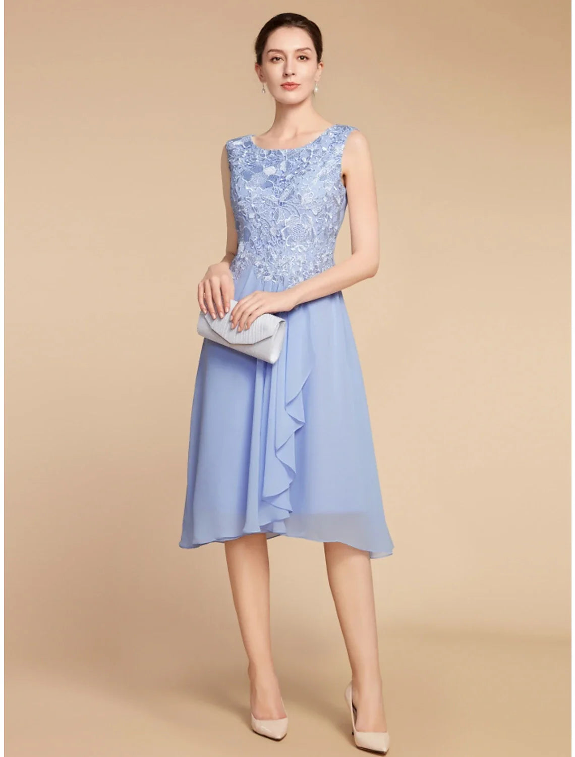Aimishang  Two Piece Sheath / Column Mother of the Bride Dress Wedding Guest Elegant Petite Scoop Neck Knee Length Chiffon Lace Half Sleeve with Ruching Solid Color