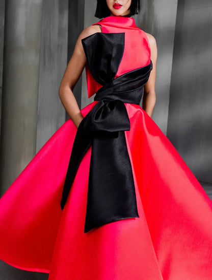 Aimishang Ball Gown Color Black Celebrity Style Elegant Prom Formal Evening Birthday Dress Red Dress High Neck Sleeveless Ankle Length Satin with Bow(s)