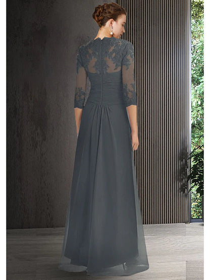 Two Piece Sheath / Column Mother of the Bride Dress Elegant High Low Bateau Neck Asymmetrical Chiffon Lace 3/4 Length Sleeve Jacket Dresses with Draping Crystal