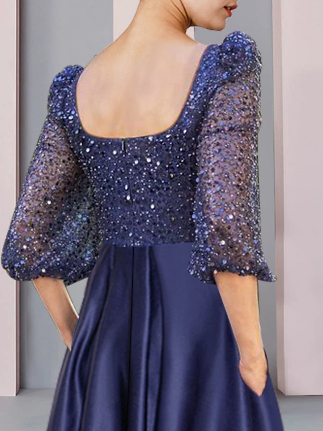 Sheath / Column Mother of the Bride Dress Formal Wedding Guest Elegant Sparkle & Shine High Low Square Neck Asymmetrical Tea Length Satin Lace Half Sleeve with Pleats Beading