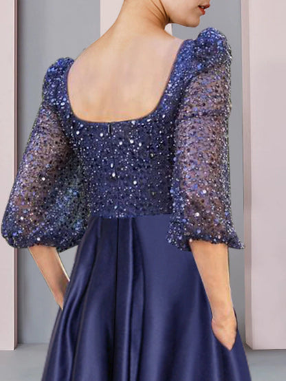 Sheath / Column Mother of the Bride Dress Formal Wedding Guest Elegant Sparkle & Shine High Low Square Neck Asymmetrical Tea Length Satin Lace Half Sleeve with Pleats Beading