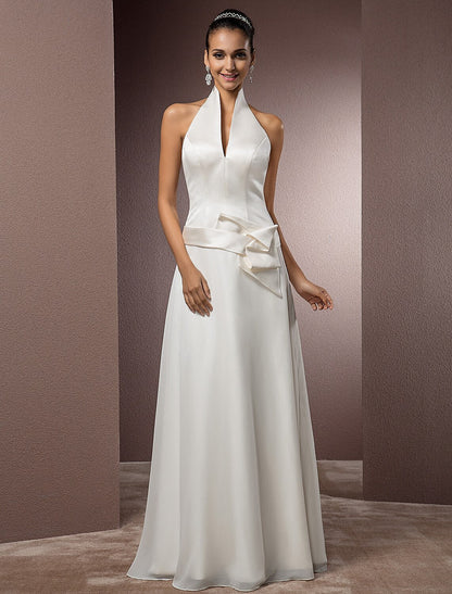 Hall Wedding Dresses Sheath / Column Halter Sleeveless Floor Length Satin Bridal Gowns With Sash / Ribbon  Summer Wedding Party  Women's Clothing