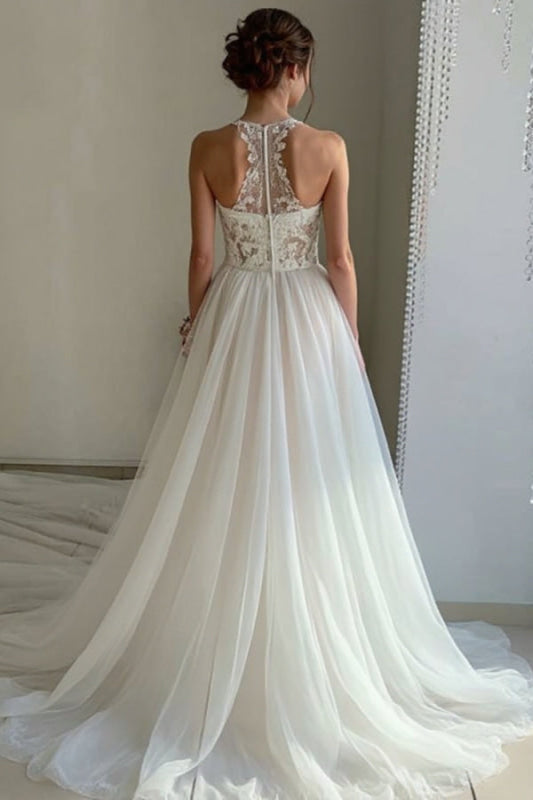 Unique High Neck Lace White Tulle Long Wedding Dress with High Split