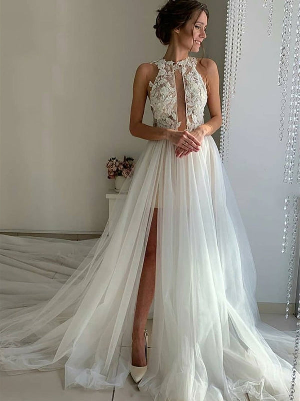 Unique High Neck Lace White Tulle Long Wedding Dress with High Split