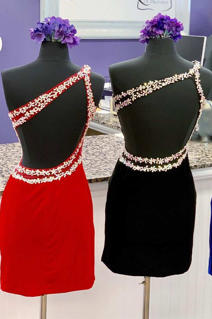 Royal Blue Velvet One-Shoulder Beaded Short Homecoming Dress