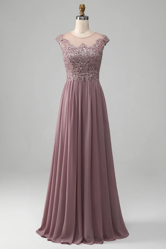 A-line Beaded Chiffon Round Neck Maxi Mother of the Bride Dress