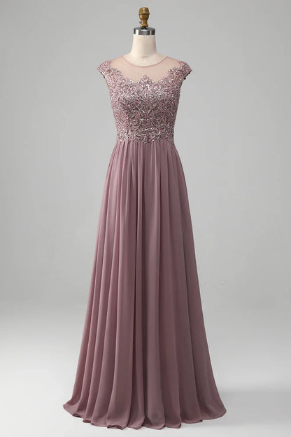 A-line Beaded Chiffon Round Neck Maxi Mother of the Bride Dress