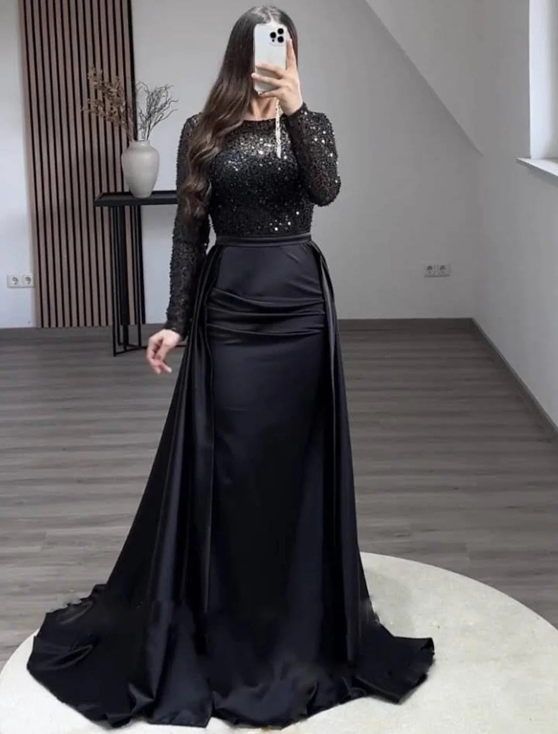 Aimishang Mermaid Sequin Evening Gown Ruched Satin Dress Long Sleeves Floor Length Sparkle Illusion Neck Fall Wedding Guest Dress with Pearls Overskirt