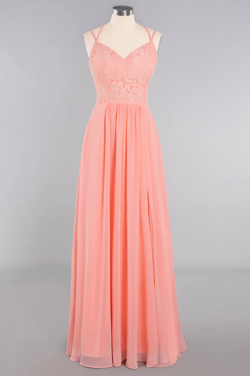 Modest Chiffon Bridesmaid Dress Aline V-neck Front Spit Lace Wedding Guest Dress Long