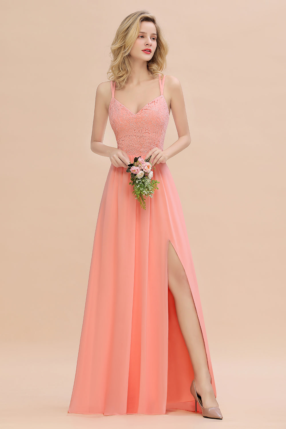 Modest Chiffon Bridesmaid Dress Aline V-neck Front Spit Lace Wedding Guest Dress Long