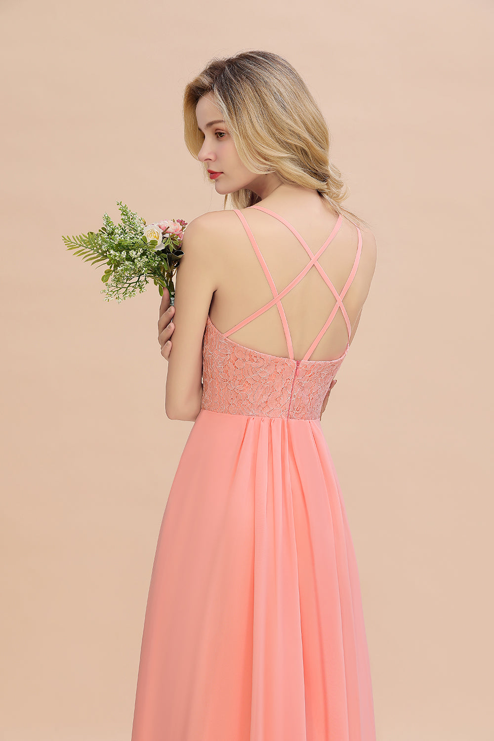 Modest Chiffon Bridesmaid Dress Aline V-neck Front Spit Lace Wedding Guest Dress Long