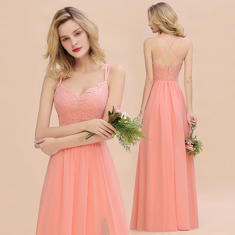 Modest Chiffon Bridesmaid Dress Aline V-neck Front Spit Lace Wedding Guest Dress Long