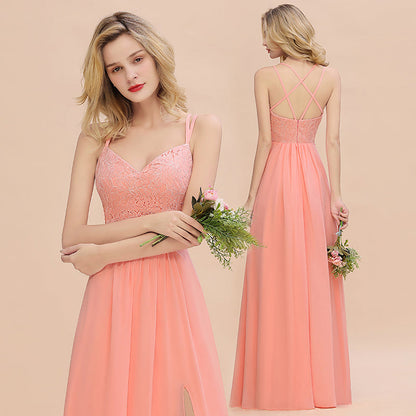 Modest Chiffon Bridesmaid Dress Aline V-neck Front Spit Lace Wedding Guest Dress Long