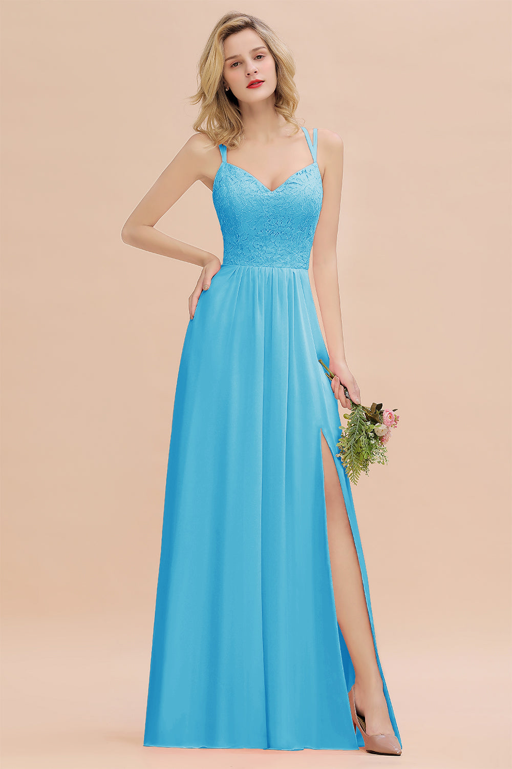 Modest Chiffon Bridesmaid Dress Aline V-neck Front Spit Lace Wedding Guest Dress Long