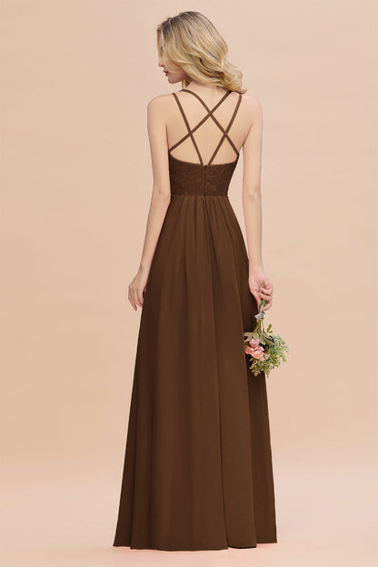 Modest Chiffon Bridesmaid Dress Aline V-neck Front Spit Lace Wedding Guest Dress Long
