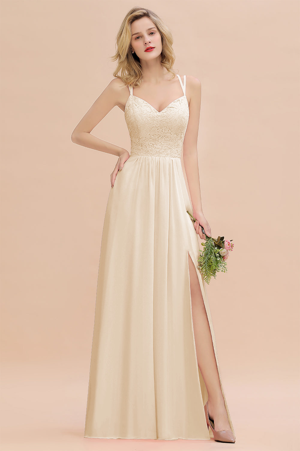Modest Chiffon Bridesmaid Dress Aline V-neck Front Spit Lace Wedding Guest Dress Long