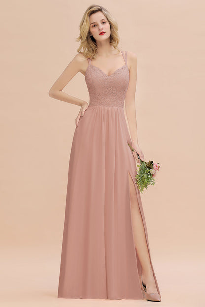 Modest Chiffon Bridesmaid Dress Aline V-neck Front Spit Lace Wedding Guest Dress Long
