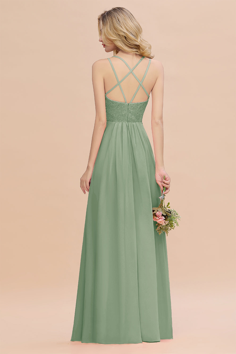 Modest Chiffon Bridesmaid Dress Aline V-neck Front Spit Lace Wedding Guest Dress Long