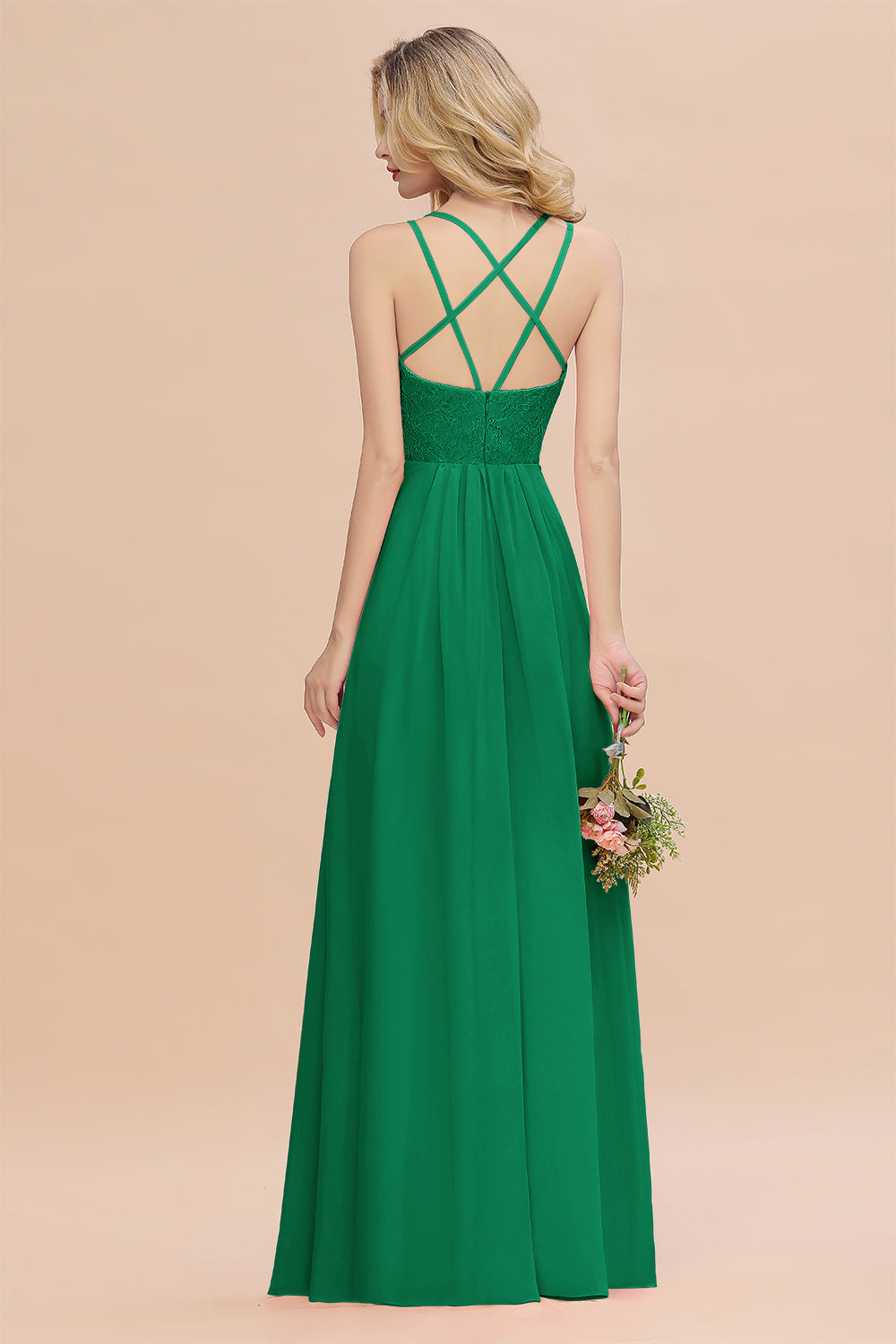 Modest Chiffon Bridesmaid Dress Aline V-neck Front Spit Lace Wedding Guest Dress Long
