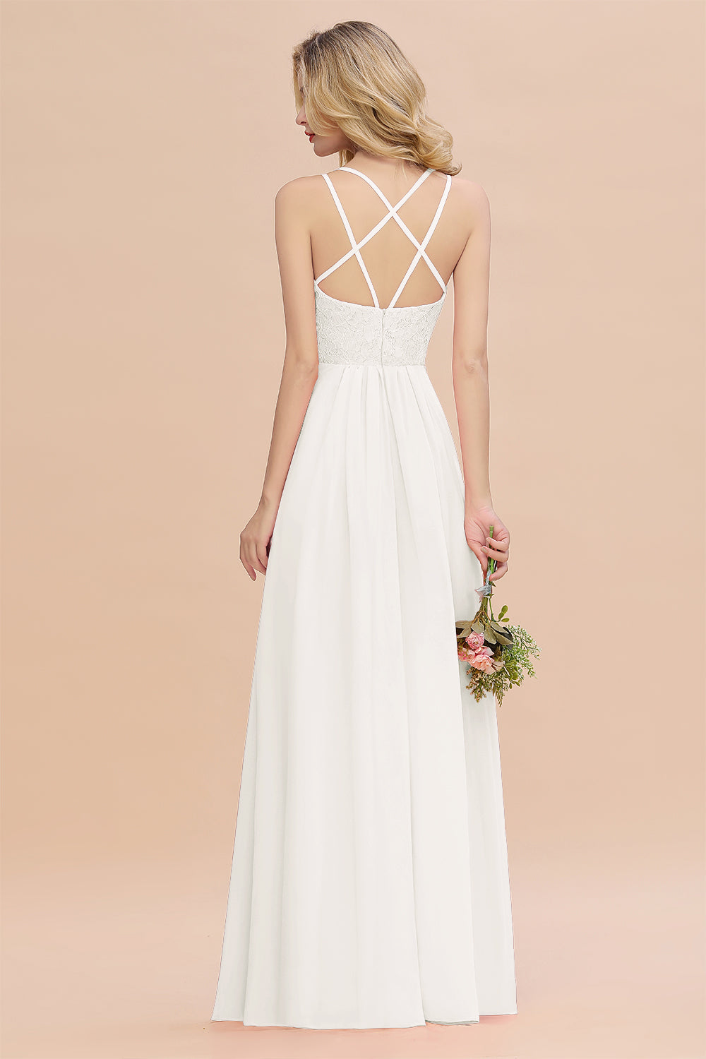 Modest Chiffon Bridesmaid Dress Aline V-neck Front Spit Lace Wedding Guest Dress Long