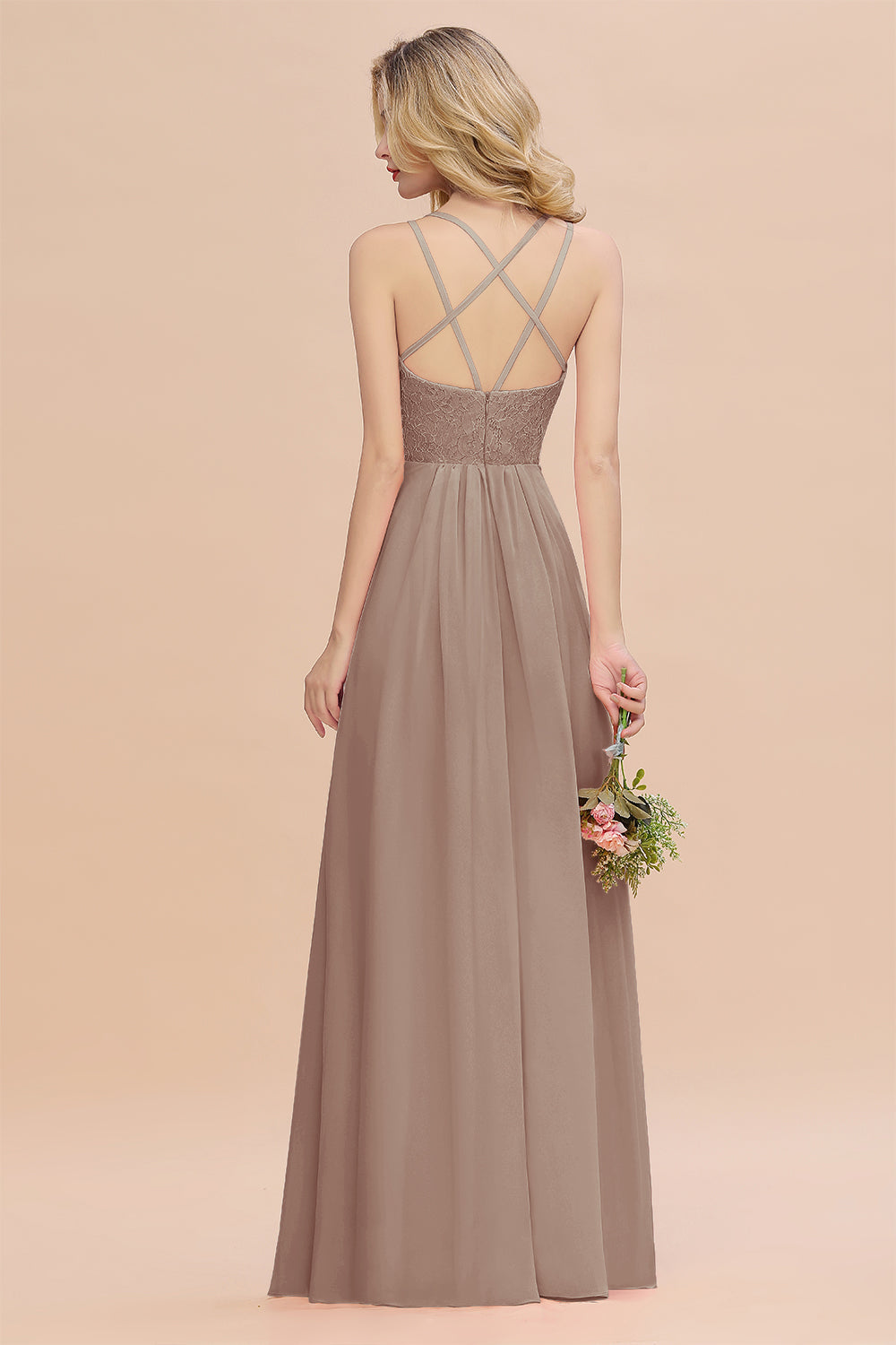 Modest Chiffon Bridesmaid Dress Aline V-neck Front Spit Lace Wedding Guest Dress Long