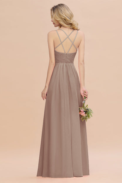 Modest Chiffon Bridesmaid Dress Aline V-neck Front Spit Lace Wedding Guest Dress Long