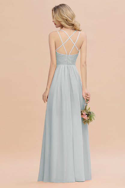 Modest Chiffon Bridesmaid Dress Aline V-neck Front Spit Lace Wedding Guest Dress Long