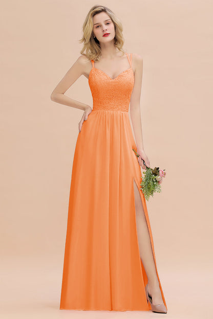 Modest Chiffon Bridesmaid Dress Aline V-neck Front Spit Lace Wedding Guest Dress Long