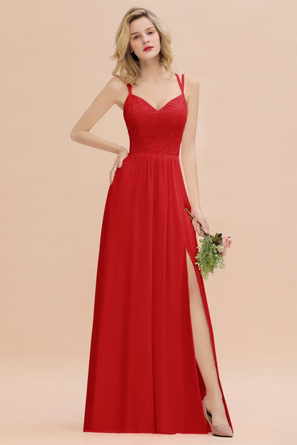 Modest Chiffon Bridesmaid Dress Aline V-neck Front Spit Lace Wedding Guest Dress Long