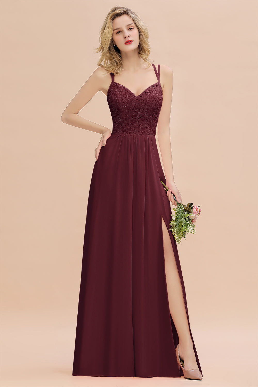 Modest Chiffon Bridesmaid Dress Aline V-neck Front Spit Lace Wedding Guest Dress Long