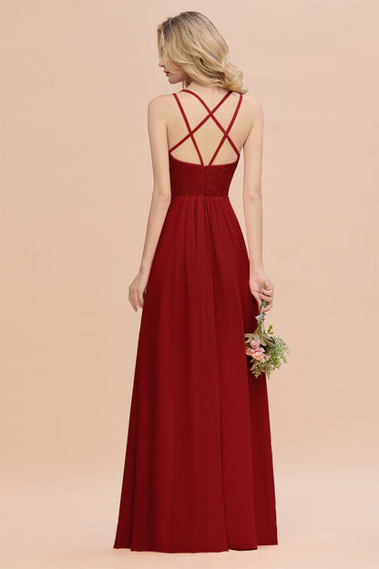 Modest Chiffon Bridesmaid Dress Aline V-neck Front Spit Lace Wedding Guest Dress Long