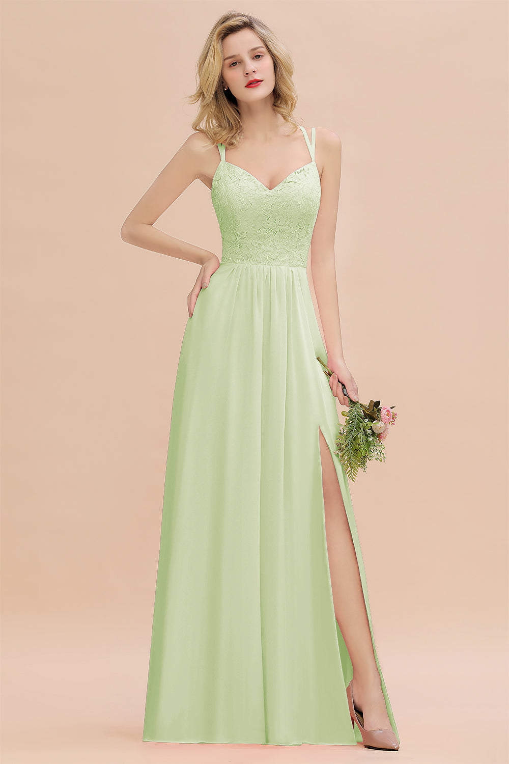 Modest Chiffon Bridesmaid Dress Aline V-neck Front Spit Lace Wedding Guest Dress Long