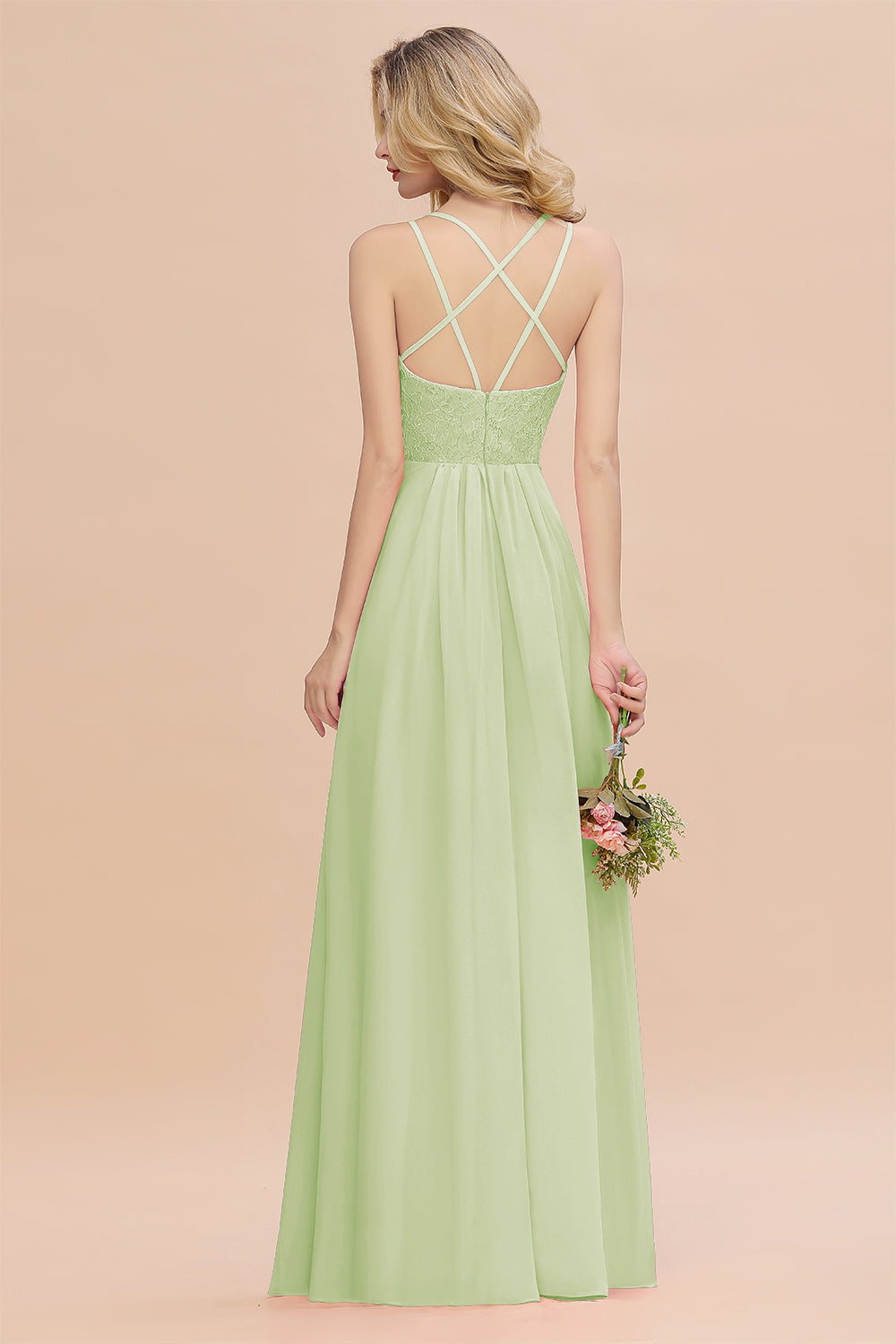 Modest Chiffon Bridesmaid Dress Aline V-neck Front Spit Lace Wedding Guest Dress Long