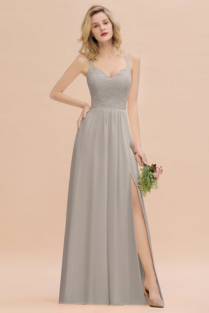 Modest Chiffon Bridesmaid Dress Aline V-neck Front Spit Lace Wedding Guest Dress Long