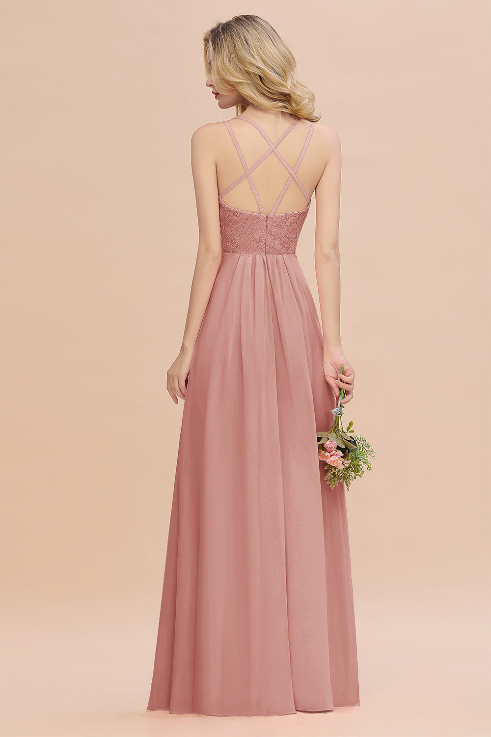 Modest Chiffon Bridesmaid Dress Aline V-neck Front Spit Lace Wedding Guest Dress Long