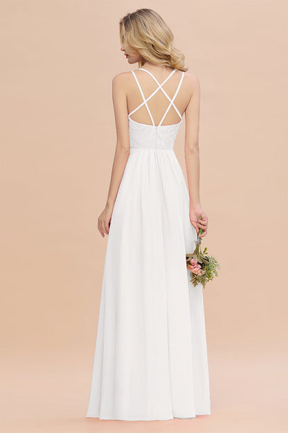 Modest Chiffon Bridesmaid Dress Aline V-neck Front Spit Lace Wedding Guest Dress Long