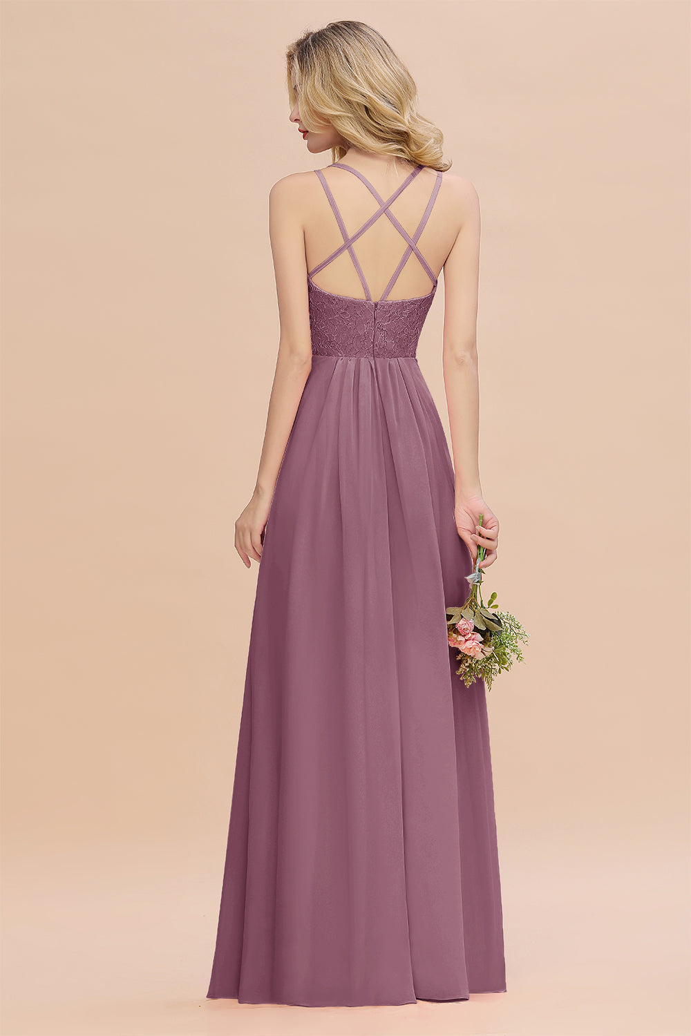 Modest Chiffon Bridesmaid Dress Aline V-neck Front Spit Lace Wedding Guest Dress Long