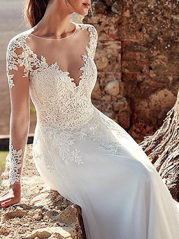 V Neck A Line Wedding Dress Long Sleeves Floor Length Lace Applique Tulle Bridal Dresses With Train