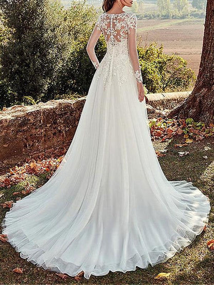 V Neck A Line Wedding Dress Long Sleeves Floor Length Lace Applique Tulle Bridal Dresses With Train